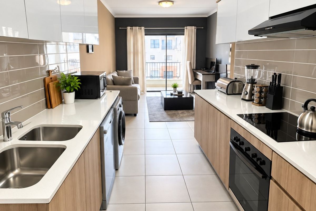 Modern open-plan kitchen featuring sleek cabinetry, stone countertops, integrated appliances, and tiled flooring, flowing seamlessly into the living area with balcony access.