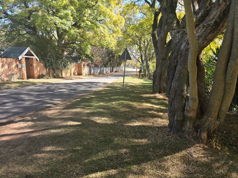 A view of the street frontage featuring mature trees, a grass verge, and a brick boundary wall along the residential property.