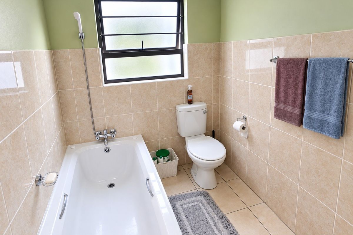 A functional bathroom featuring a bathtub with a handheld shower mixer, a standard toilet, and neutral wall and floor tiling.