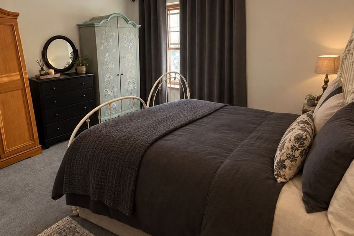 A well-maintained bedroom featuring neutral walls, carpeted flooring, and a window with dark curtains.