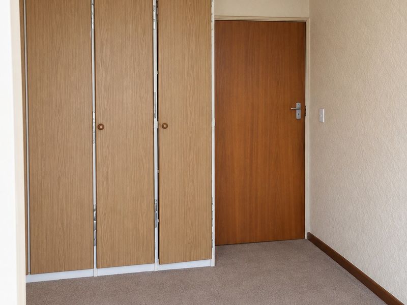 A clean, empty bedroom featuring neutral carpeting and functional built-in wooden cupboards, providing a blank canvas for personalization.