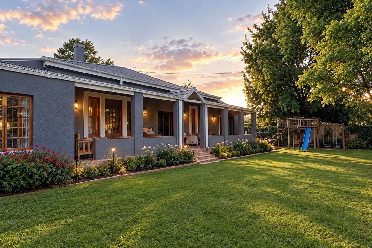 A beautifully maintained rear exterior view featuring a spacious covered patio, lush green lawn, and mature garden landscaping at sunset.