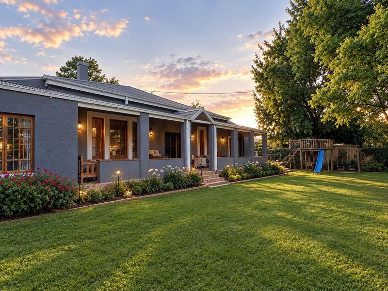 A beautifully maintained rear exterior view featuring a spacious covered patio, lush green lawn, and mature garden landscaping at sunset.