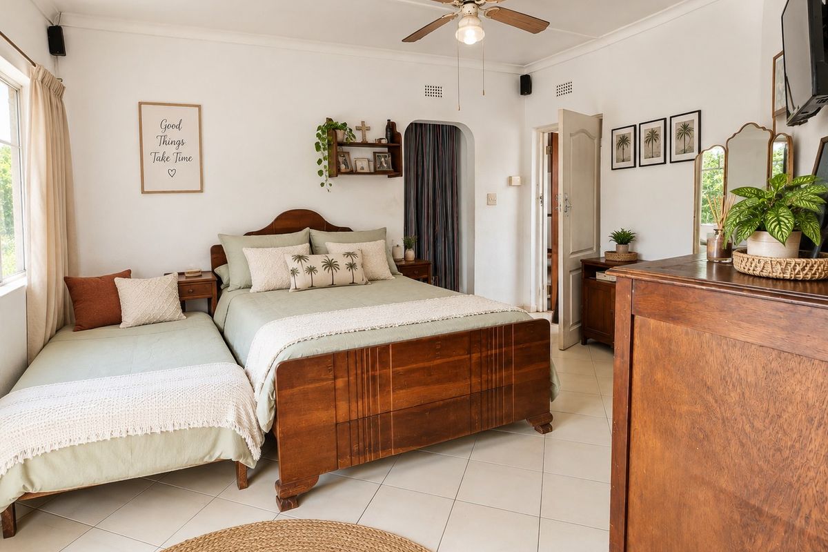A well-maintained bedroom featuring tiled flooring, a ceiling fan, and a classic archway leading to an adjoining space.