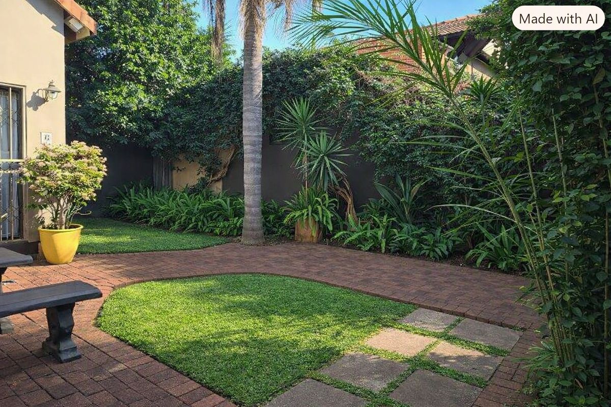 A well-maintained rear garden featuring brick paved pathways, manicured lawn sections, and established perimeter landscaping with a boundary wall.