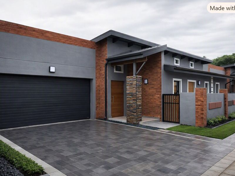Modern townhouse exterior featuring a combination of brick and plastered finishes, a paved driveway, and a secure garage.