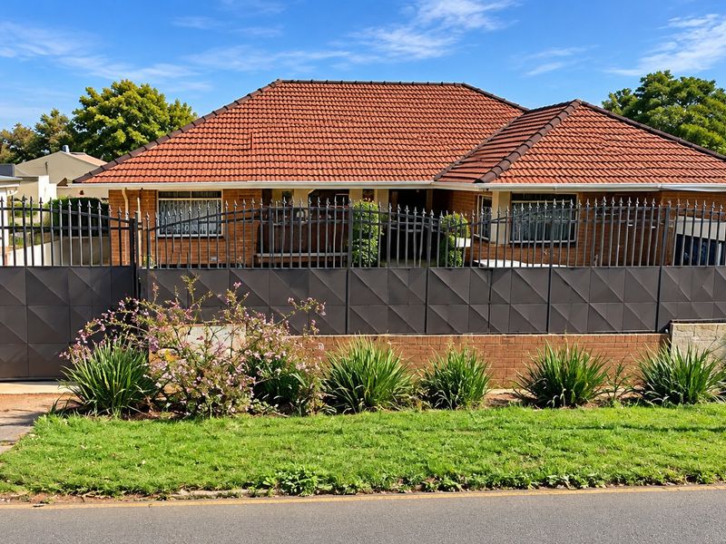 Front elevation of a brick house featuring a tiled roof, secured by a modern metal perimeter fence and gate with established garden landscaping.
