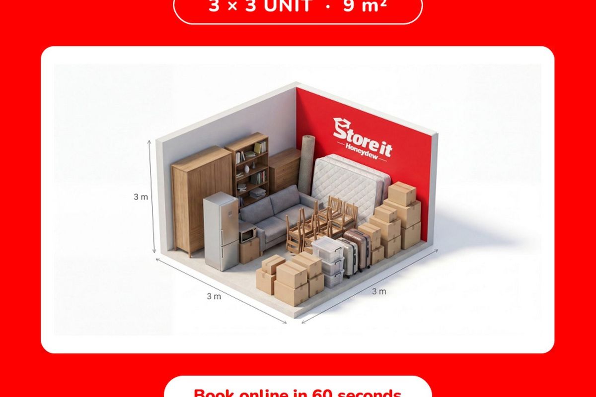 A 3D rendered illustration of a 9 square meter commercial storage unit, demonstrating capacity for various household items.