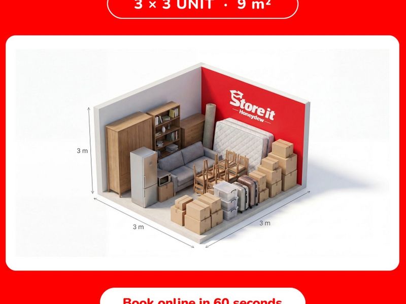 A 3D rendered illustration of a 9 square meter commercial storage unit, demonstrating capacity for various household items.