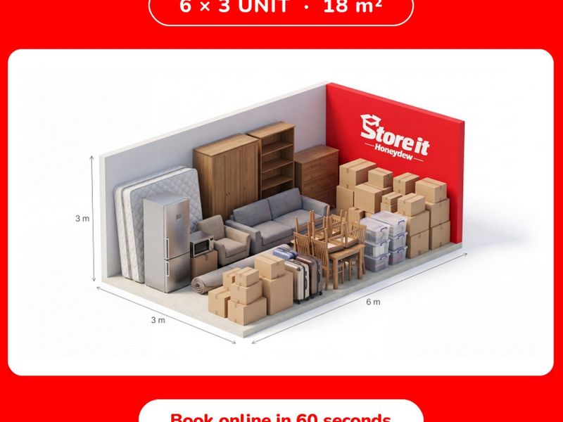 A 3D rendered visualization of an 18 square meter commercial storage unit, demonstrating capacity for various household items.