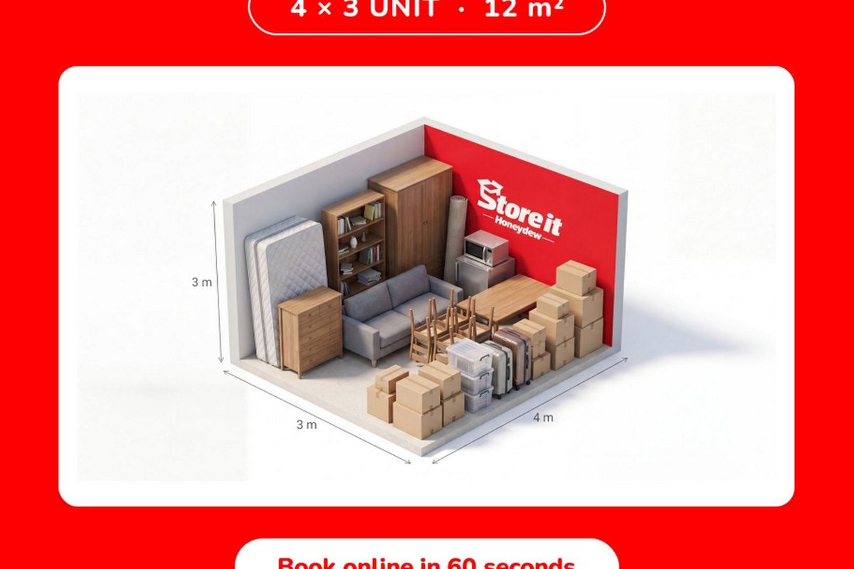 A 12 square meter commercial storage unit, measuring 4 by 3 meters, designed for secure self-storage purposes.