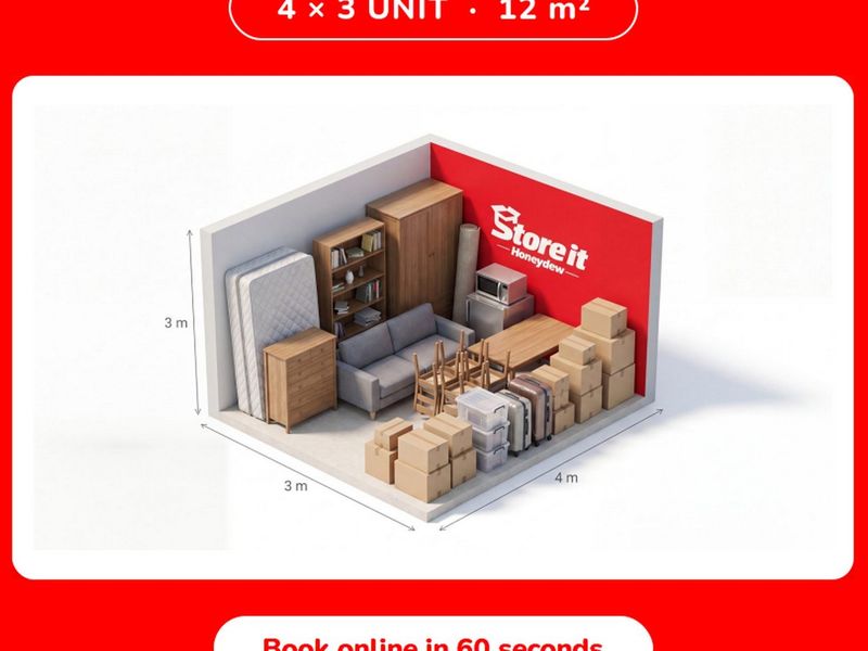 A 12 square meter commercial storage unit, measuring 4 by 3 meters, designed for secure self-storage purposes.