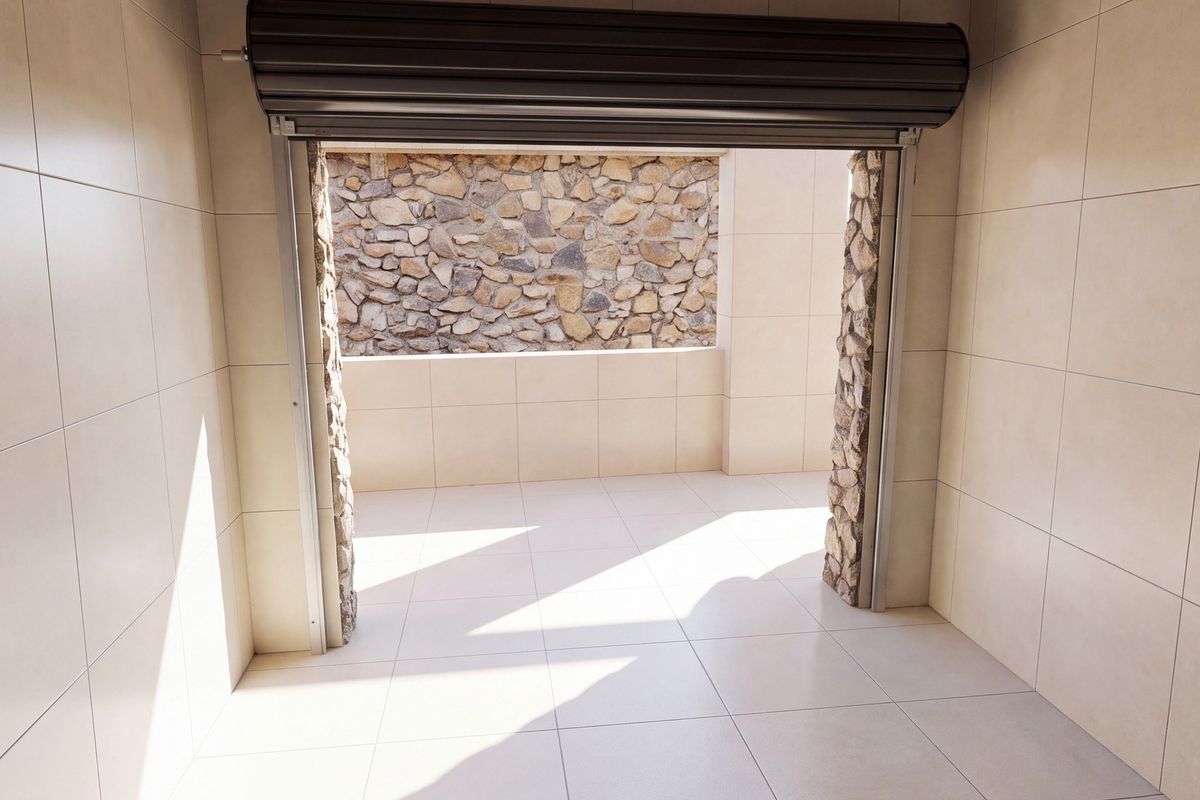 A clean, modern garage space featuring neutral tiled walls and flooring, stone-clad pillars, and a functional roller shutter door opening to an outdoor area.