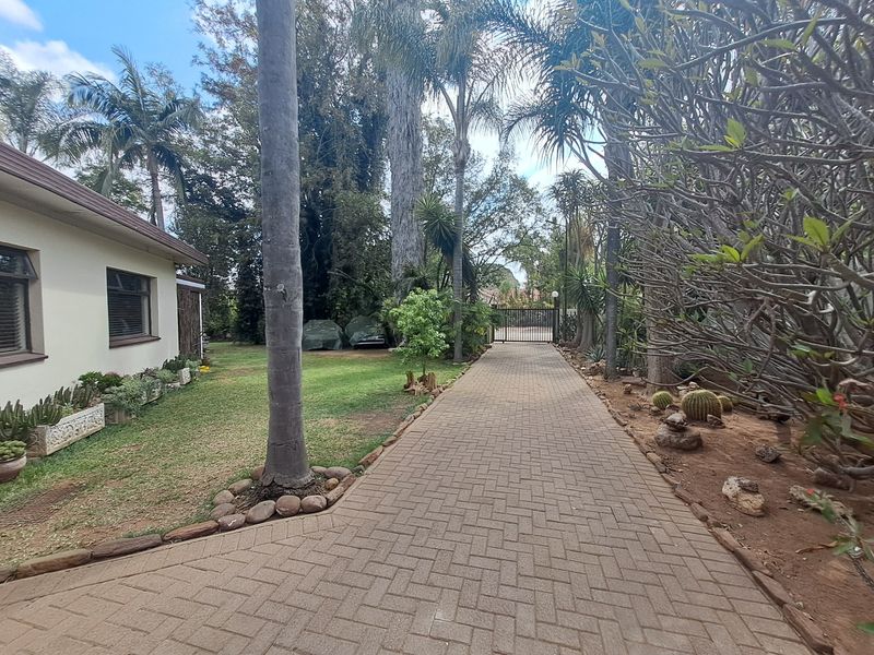 A paved driveway leading to a secure metal entrance gate, flanked by a well-maintained garden with mature trees and established landscaping.