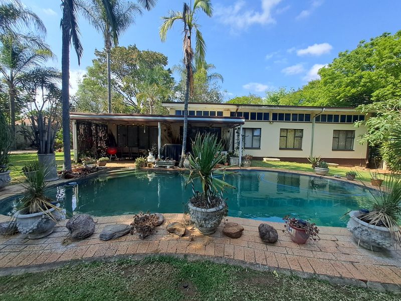 Rear view of the property featuring a swimming pool with a paved surround and a covered patio area set within a landscaped garden.