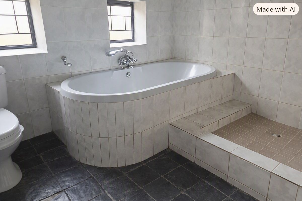 A functional bathroom featuring a built-in bathtub, a tiled shower area, and neutral wall tiling with contrasting dark floor tiles.