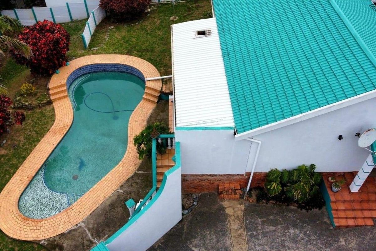 Aerial view of the property featuring a kidney-shaped swimming pool with brick surround, metal roofing, and paved outdoor patio area.