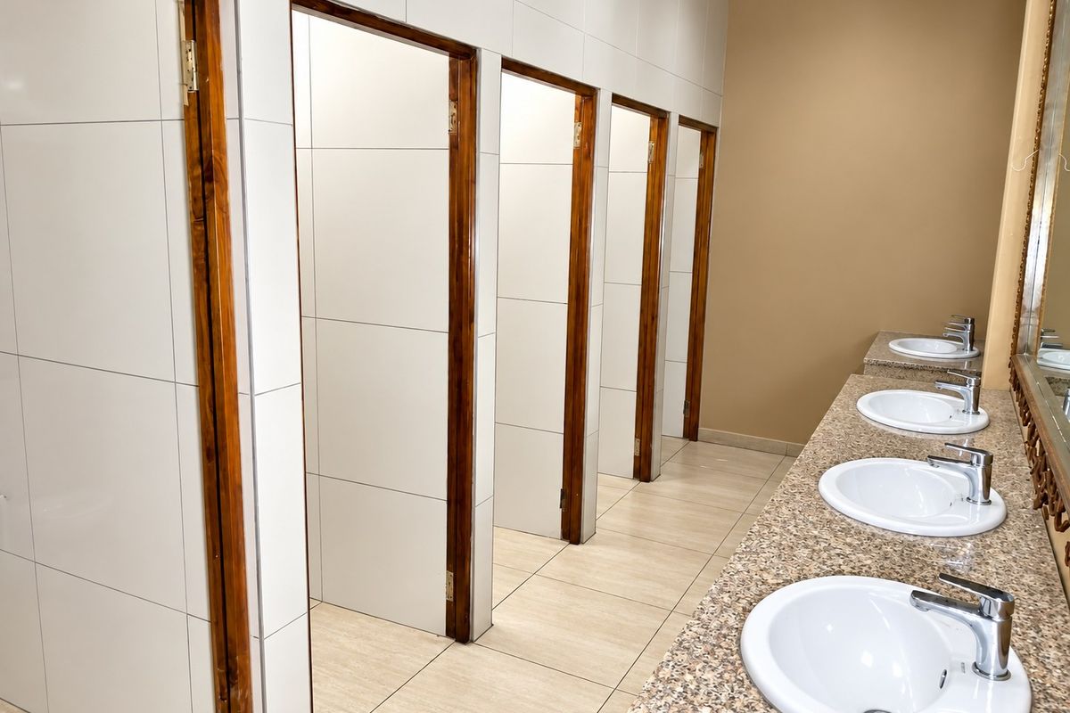 Commercial bathroom facility featuring a long granite vanity with multiple integrated basins and chrome fixtures, alongside tiled privacy cubicles.