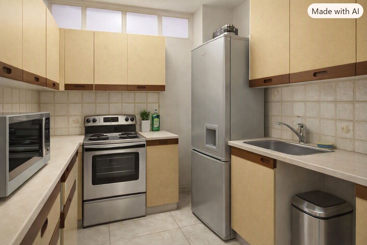 A compact kitchen featuring light-toned cabinetry, laminate countertops, a tiled backsplash, and stainless steel appliances, offering a functional and efficient workspace.