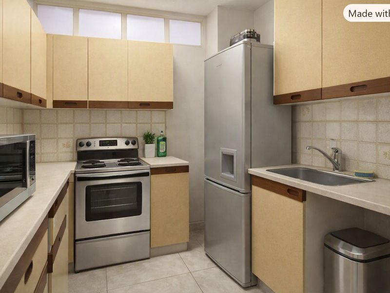 A compact kitchen featuring light-toned cabinetry, laminate countertops, a tiled backsplash, and stainless steel appliances, offering a functional and efficient workspace.