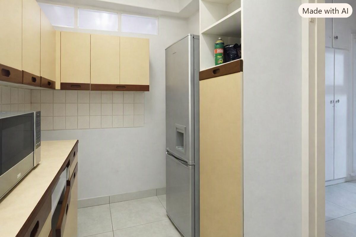A functional kitchen featuring built-in cabinetry, tiled backsplash, and tiled flooring, offering a clean and practical layout for daily use.