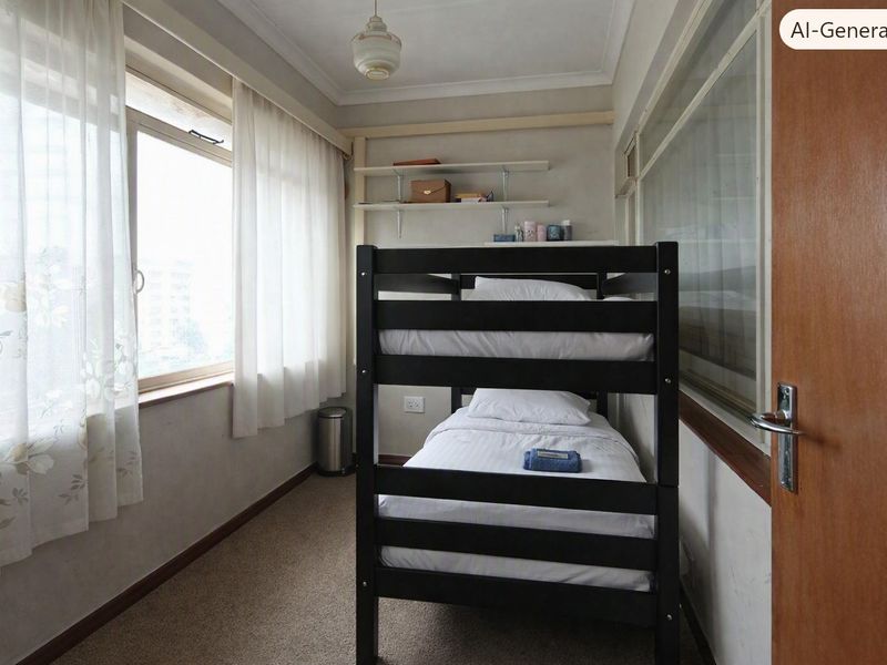 A compact bedroom featuring carpeted flooring, built-in wall shelving, and large windows that provide natural light.