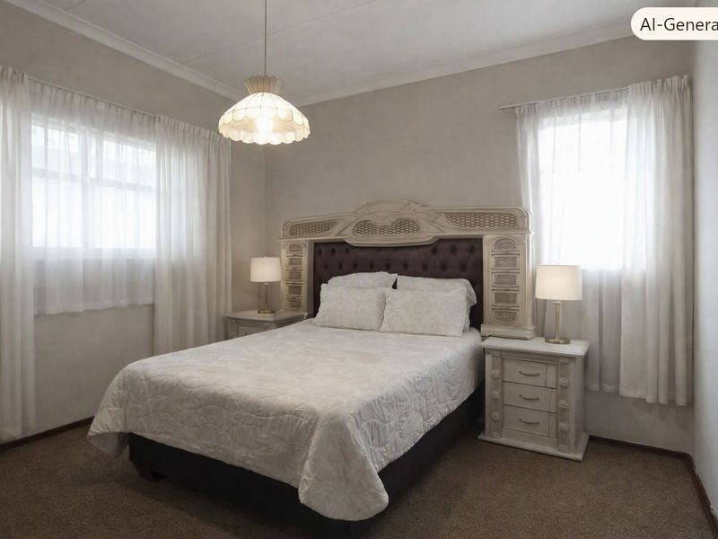 A well-lit bedroom featuring neutral wall tones, carpeted flooring, and classic architectural detailing including a cove cornice.