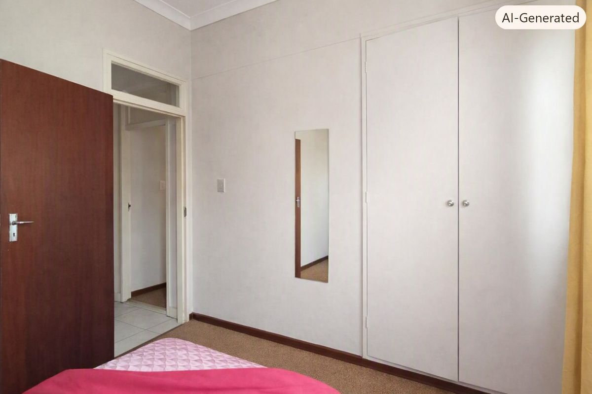 A bedroom featuring neutral walls, carpeted flooring, and a built-in wardrobe with white doors, providing a clean and functional living space.