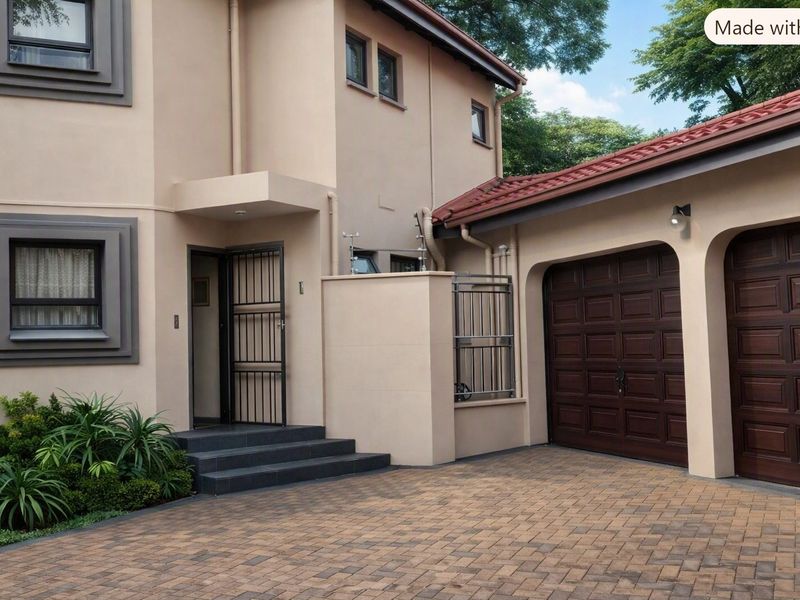 Front elevation of a townhouse featuring a paved driveway, double garage, and secure entrance with modern exterior finishes and electric fencing.