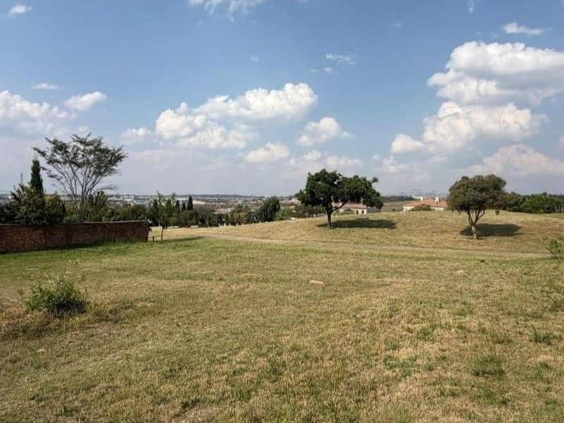 A view of a sloped residential vacant land plot featuring mature trees and a brick boundary wall under a clear sky.