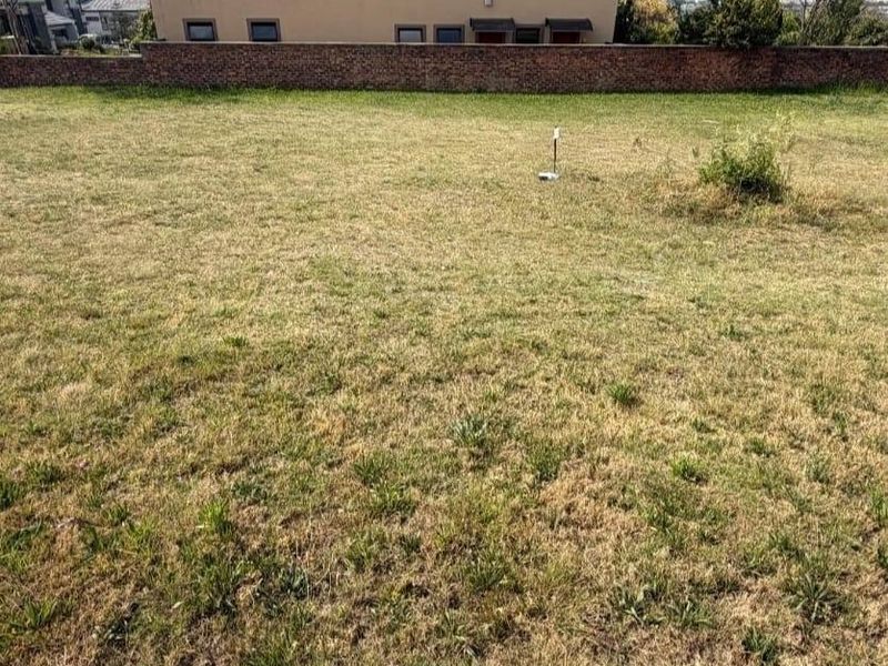 A vacant residential plot featuring a level grassed area and a brick boundary wall, offering a clear space for future development.