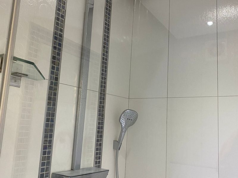 Modern shower enclosure featuring a rainfall shower head, handheld attachment, and decorative mosaic tile accent detailing on the wall.