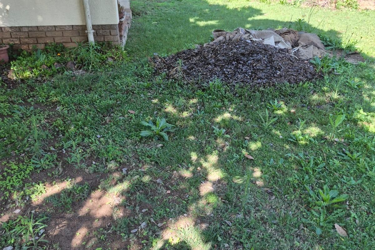 A view of the rear garden area featuring a brick boundary wall and an overgrown lawn with a pile of garden debris.
