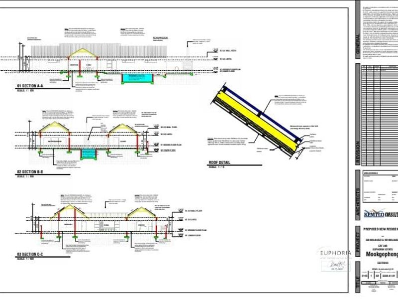 Architectural section drawings and roof construction details for a proposed new residential property.