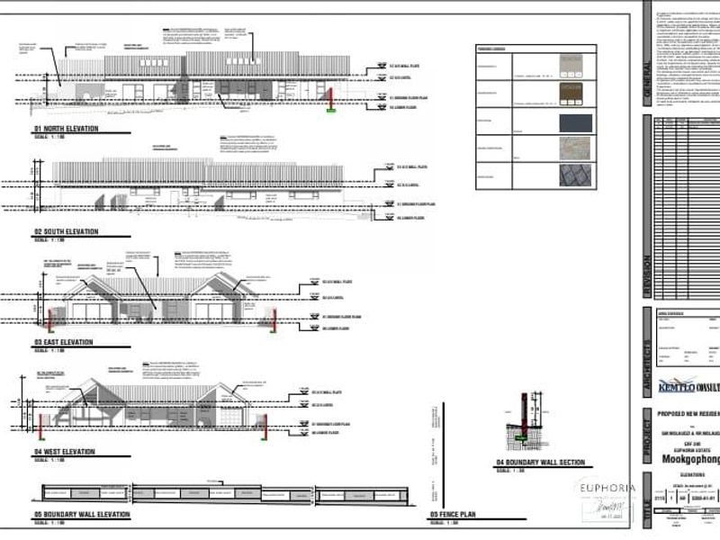 Architectural floor plan and elevation drawings for a proposed new residential property, including boundary wall details.