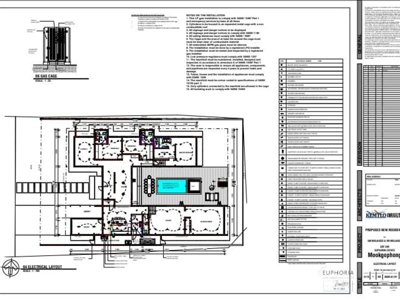 Architectural electrical layout plan for a proposed new residential property, including detailed specifications for gas cage installation.