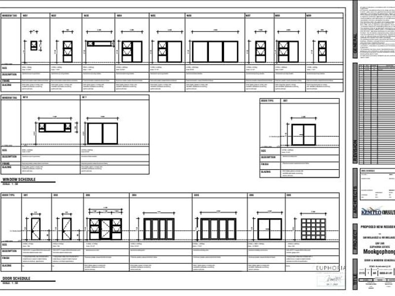 Architectural door and window schedule detailing specifications for a proposed new residential construction project.