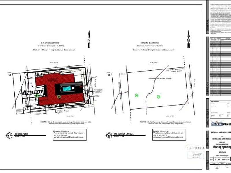 A professional site plan and survey layout for Erf 240 Euphoria, detailing the proposed residence footprint and site topography.
