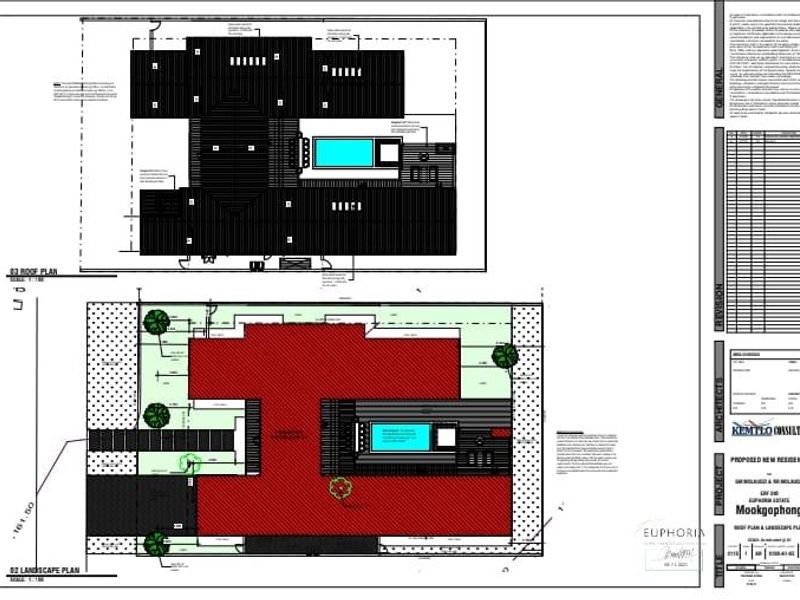 Architectural roof and landscape plan for a proposed new residential property, detailing site layout and pool placement.