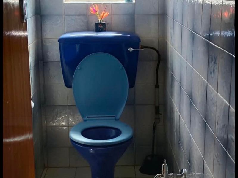 A compact bathroom featuring dated blue sanitaryware and full-height wall tiling with a security-grille window.