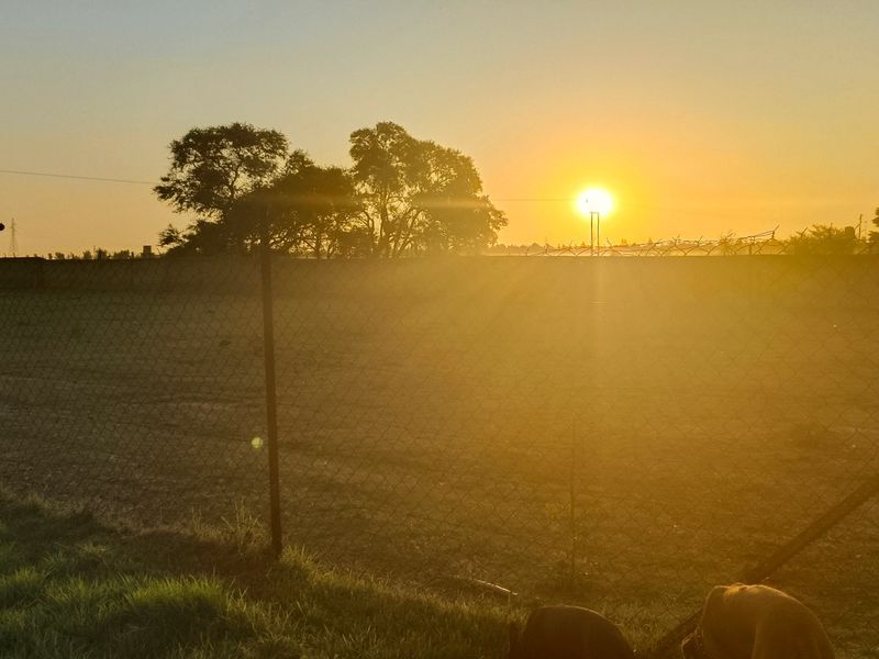 A scenic view of the farm landscape at sunset, featuring open fields enclosed by wire mesh fencing.