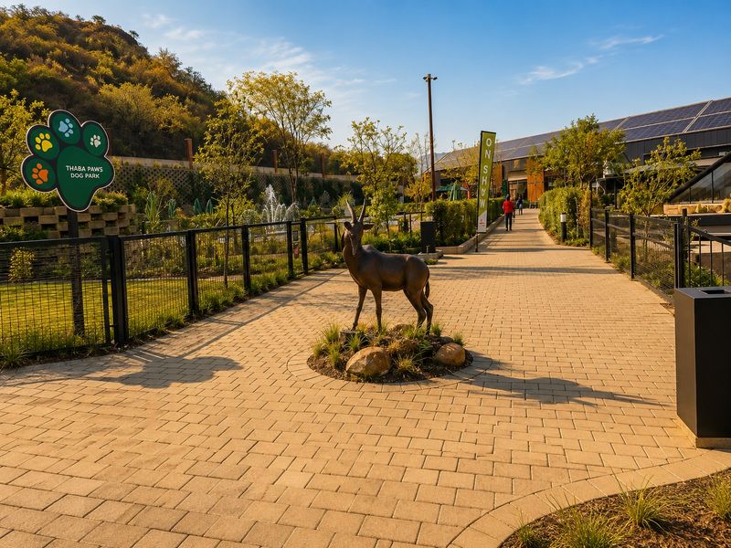 A well-maintained outdoor communal area featuring a paved walkway, landscaped gardens, a water feature, and solar panel installations.