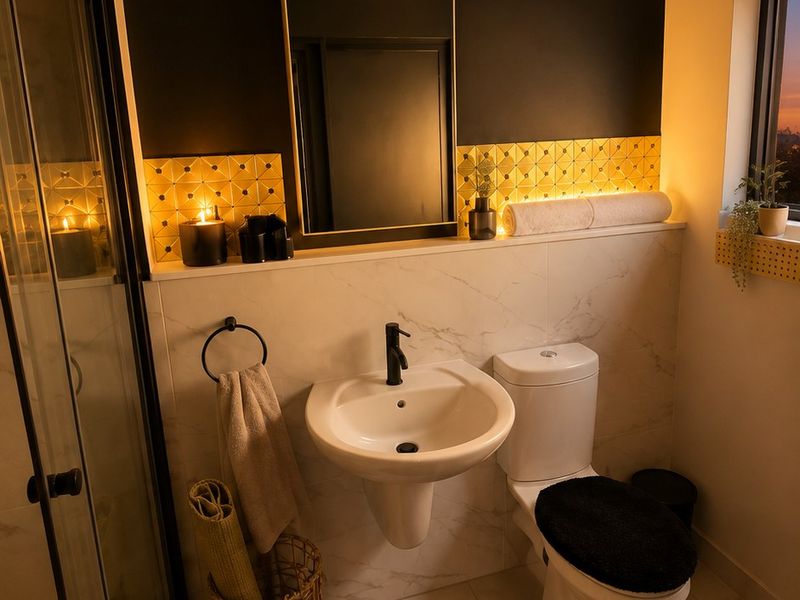Modern bathroom featuring a pedestal basin, toilet, shower enclosure, and stylish black tapware with decorative tiled splashback.
