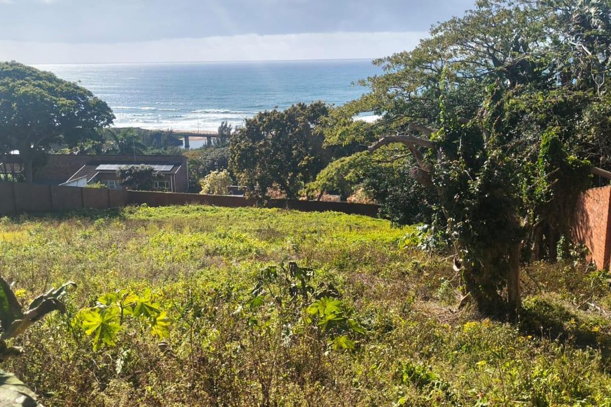 A vacant residential plot featuring a scenic ocean view, mature trees, and existing brick boundary walls.