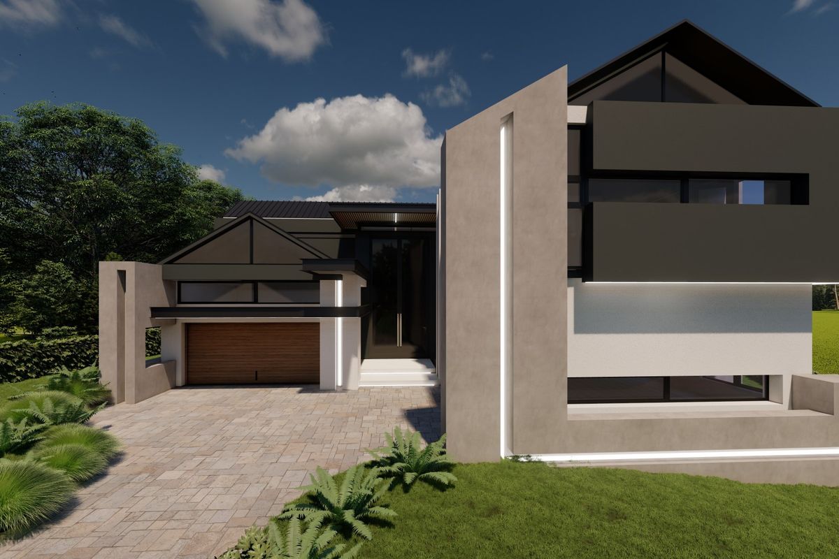 A modern architectural house design featuring a clean facade, integrated lighting, a paved driveway, and a single garage.