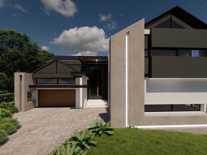 A modern architectural house design featuring a clean facade, integrated lighting, a paved driveway, and a single garage.