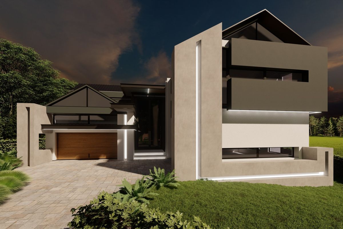 A modern architectural front elevation featuring a paved driveway, integrated LED lighting, and a contemporary garage door design.