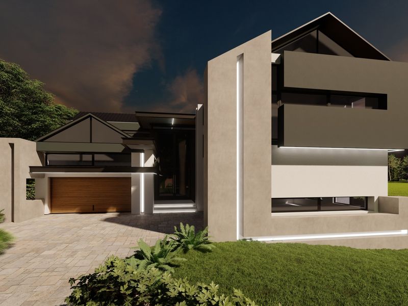 A modern architectural front elevation featuring a paved driveway, integrated LED lighting, and a contemporary garage door design.