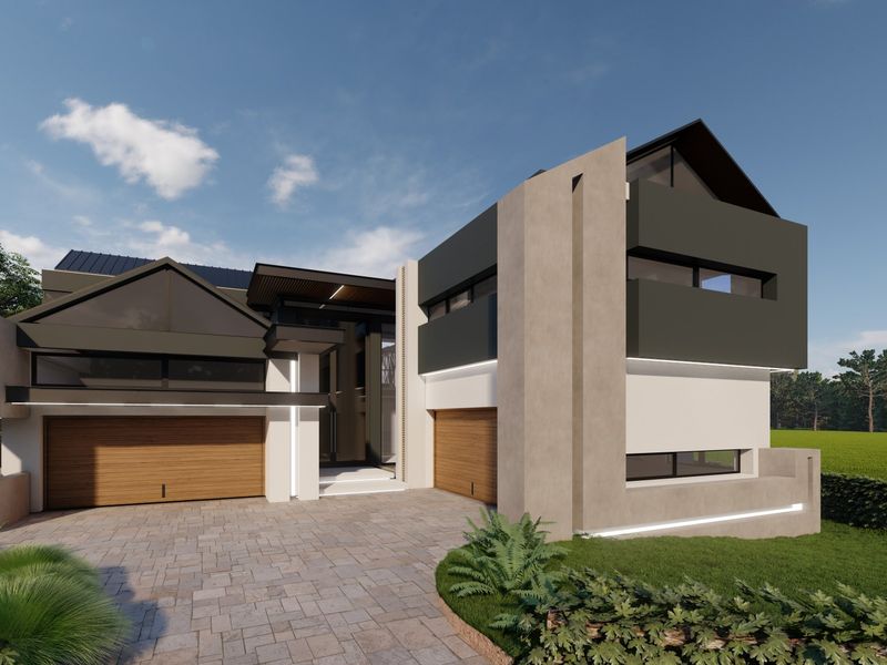 A modern architectural front elevation featuring a paved driveway, double garage with timber doors, and contemporary structural design elements.