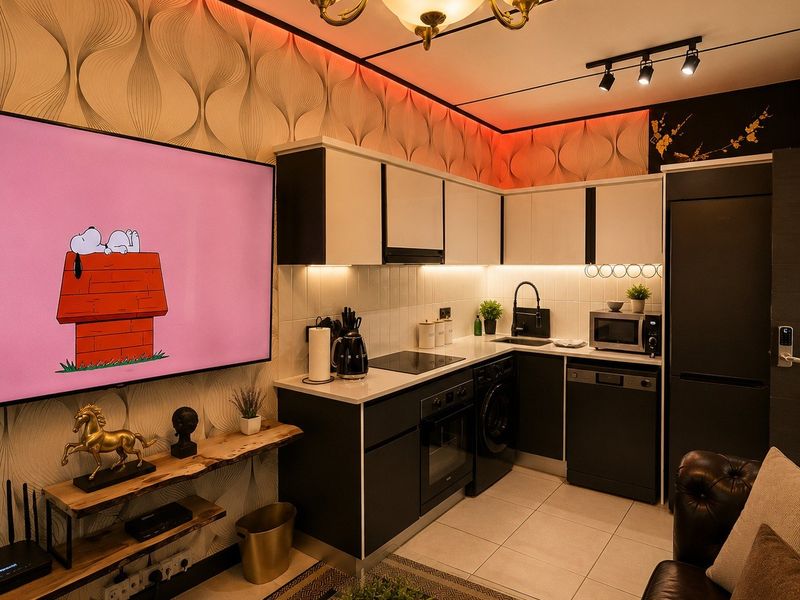 Modern open-plan living area featuring a compact, well-equipped kitchen with integrated appliances, stylish cabinetry, and contemporary lighting fixtures.